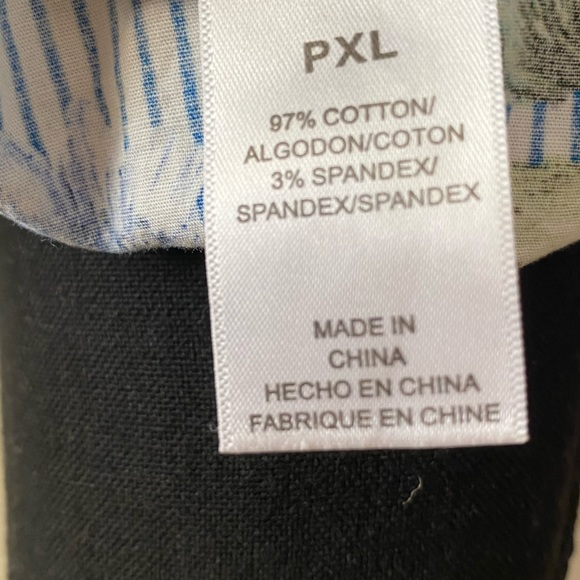 A cropped blue and white striped dress shirt with red and yellow Hawaiian - Picture 2 of 10